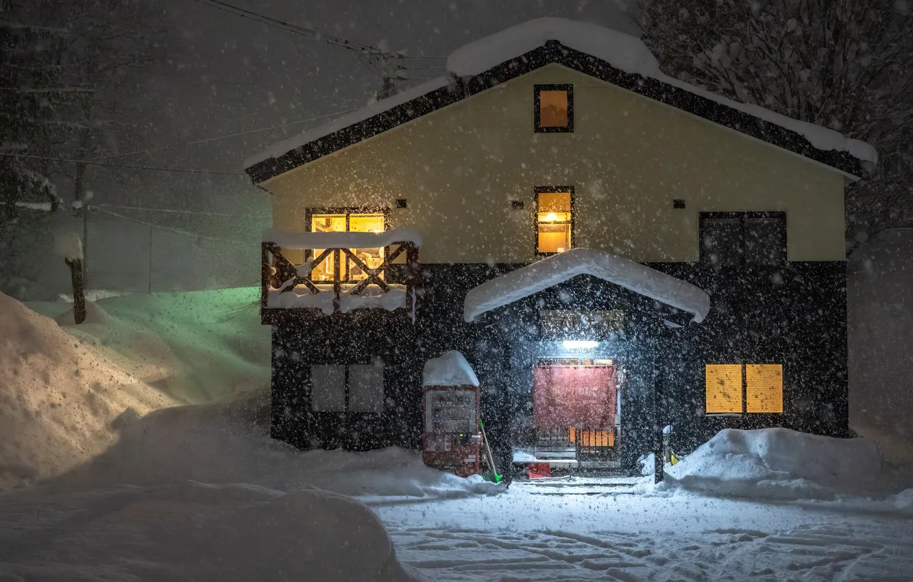 Фото обои Зима, Вечер, Дом, House, Winter, Evening, Снегопад, Snowfall