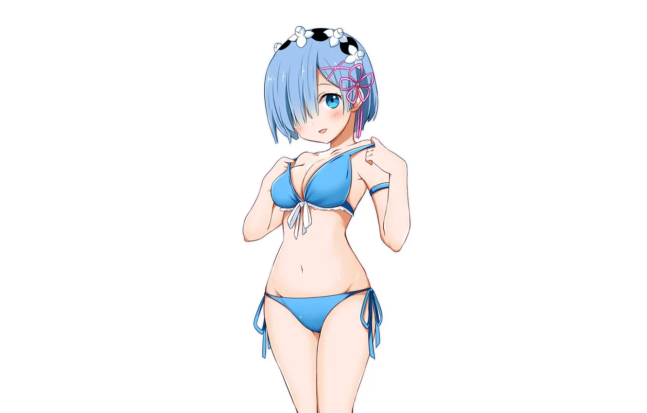Фото обои girl, sexy, cleavage, boobs, anime, blue eyes, beautiful, ribbons
