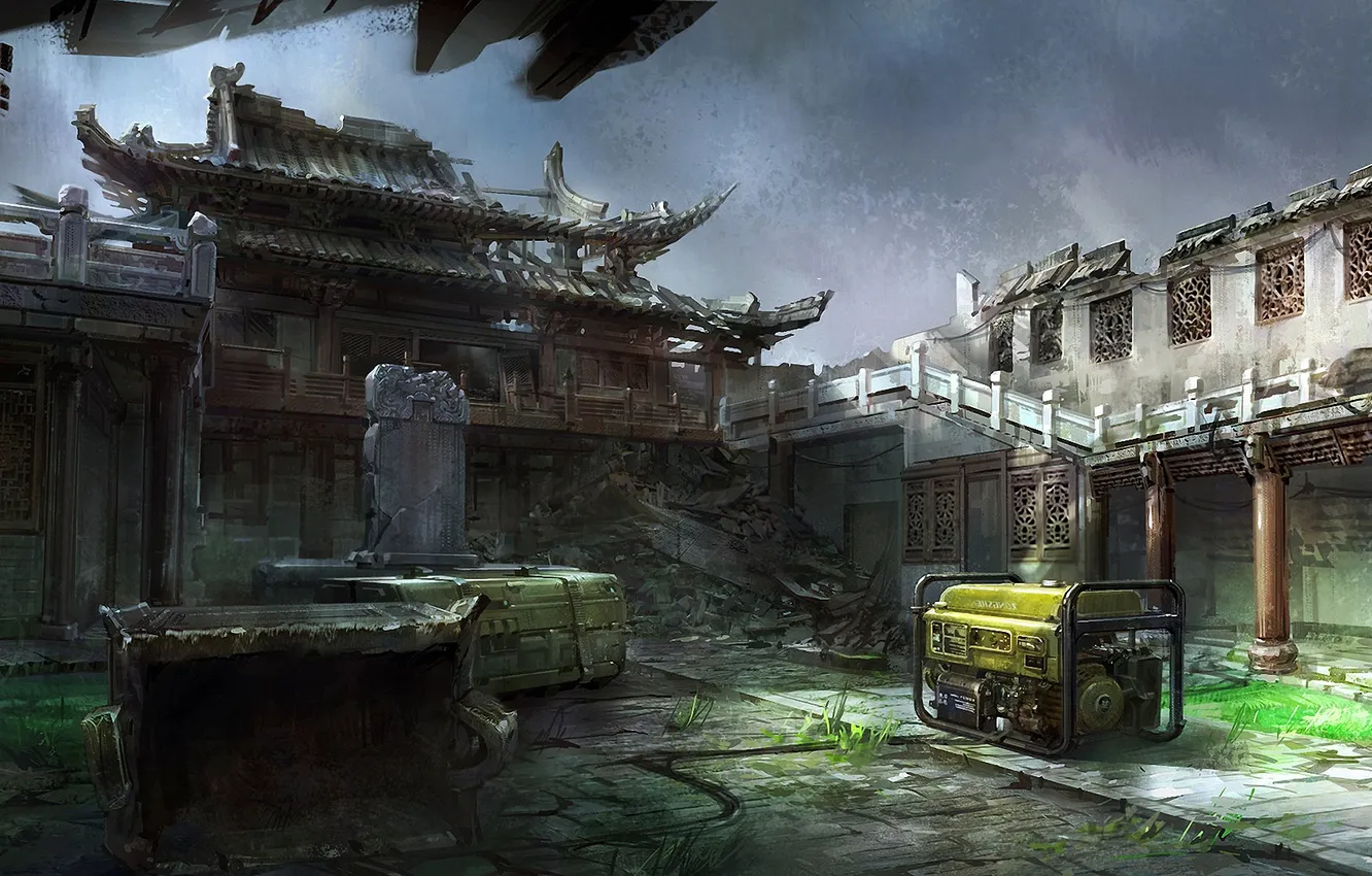 Фото обои обломки, азия, арт, двор, храм, разруха, руины, установка