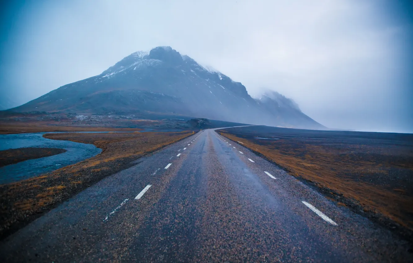 Фото обои дорога, пейзаж, туман, гора