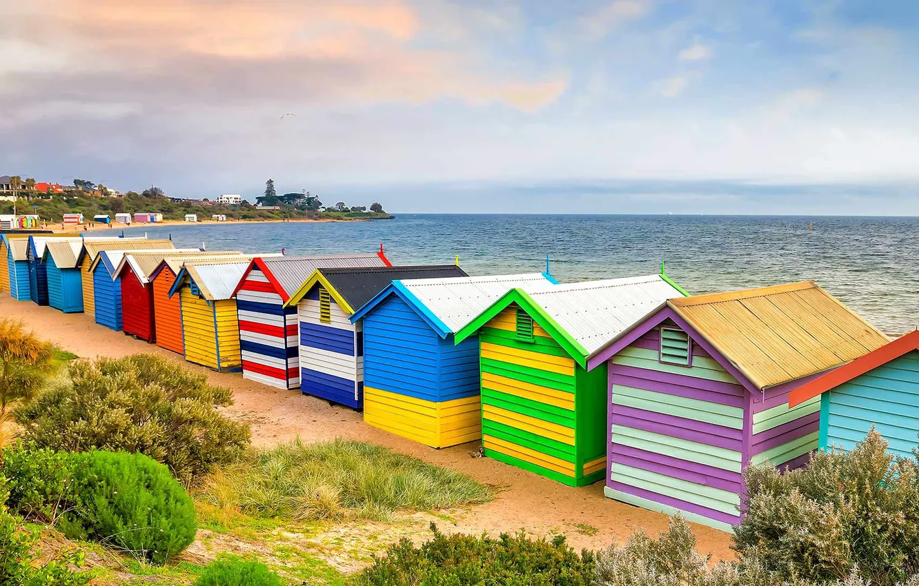Фото обои море, Австралия, Мельбурн, пляжный домик, Брайтон-Бич