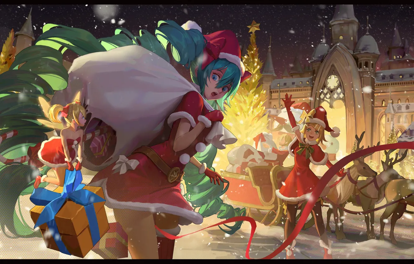 Фото обои замок, vocaloid, олени, Hatsune Miku, Kagamine Rin, мешок с подарками, новогодняя ёлка, сани Санты