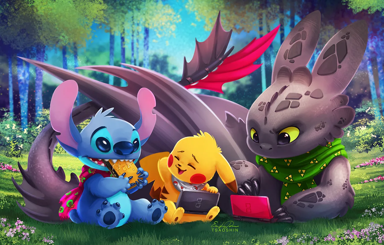 Фото обои Pokemon, Toothless, Pikachu, Crossover, Lilo & Stitch, How To Train Your Dragon