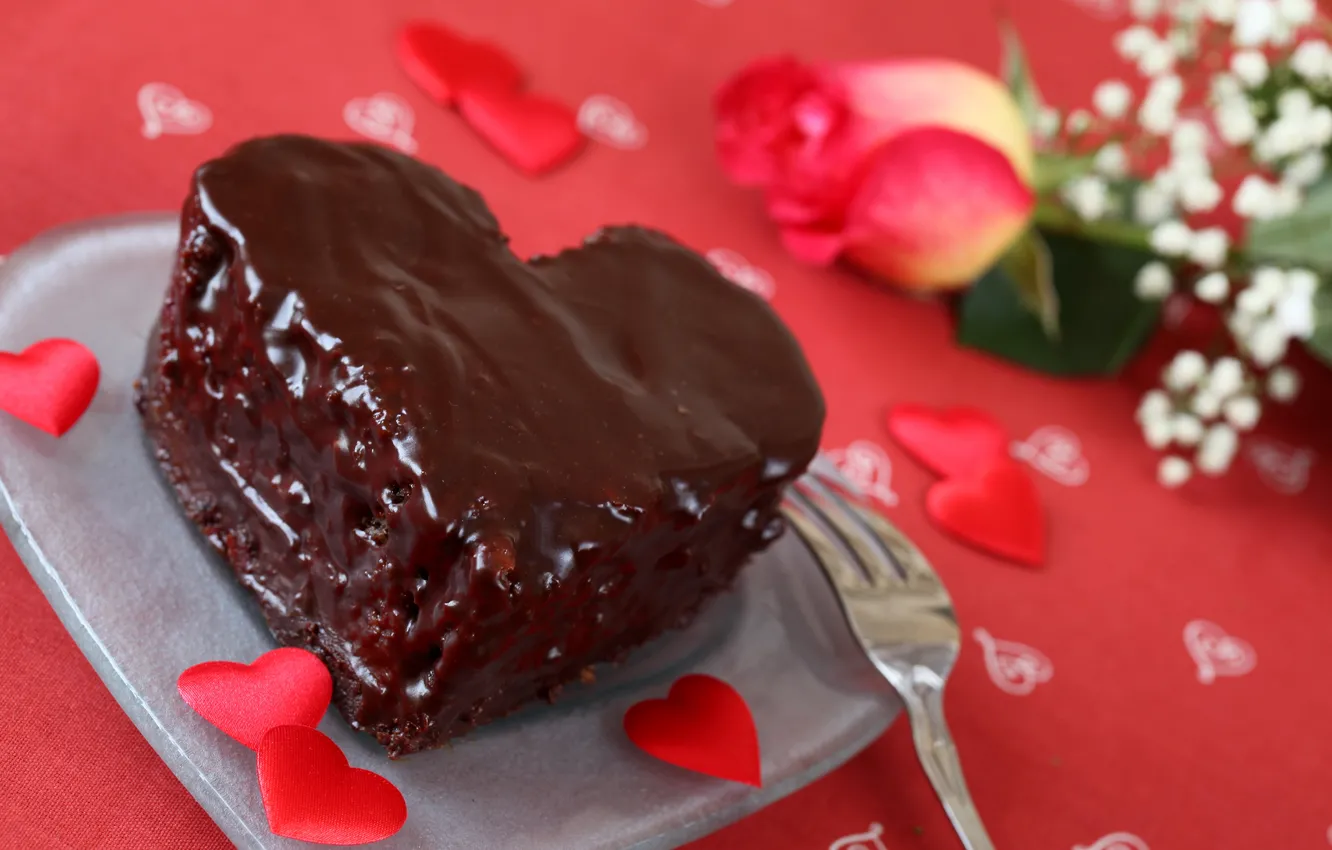 Фото обои цветок, роза, еда, шоколад, сердца, тарелка, торт, plate