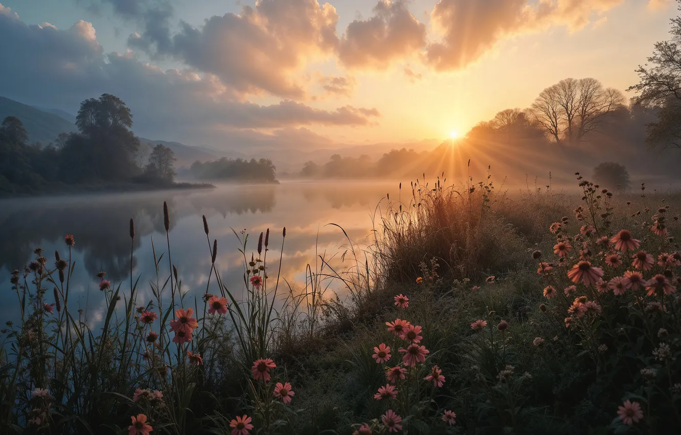 Фото обои лето, трава, солнце, облака, лучи, пейзаж, цветы, природа