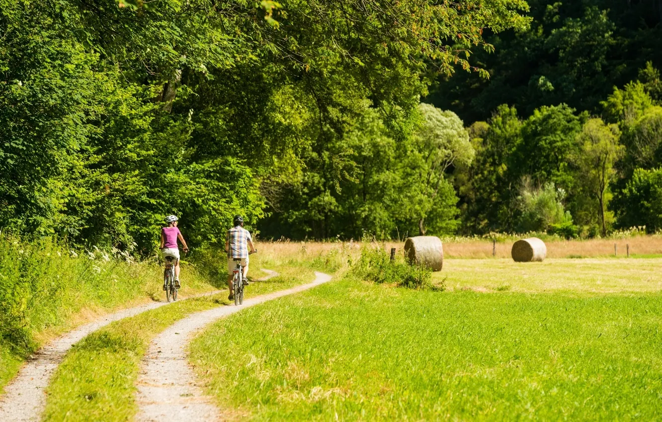 Фото обои дорога, поле, лес, пара, солнечный день, lifestyle, активный отдых, образ жизни