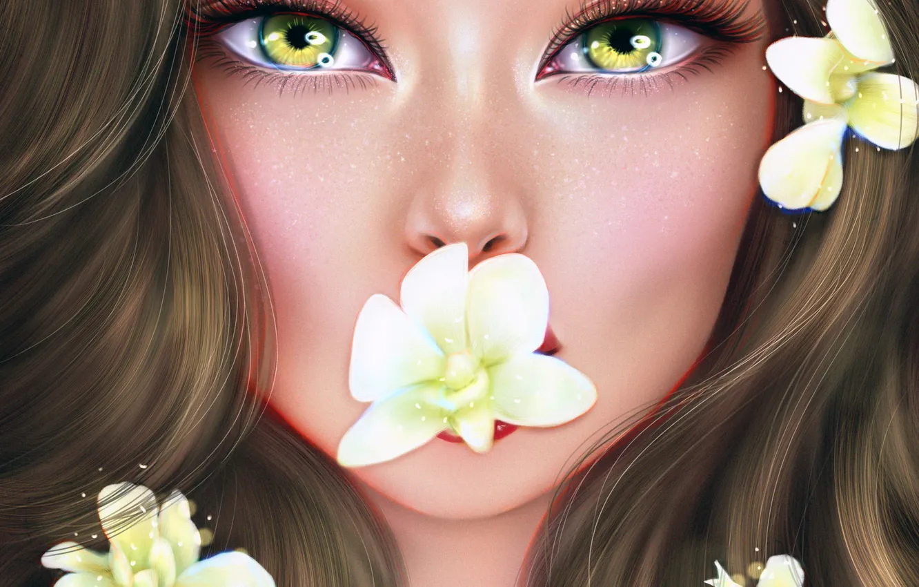 Фото обои глаза, взгляд, девушка, цветы, Ainash Kassenova