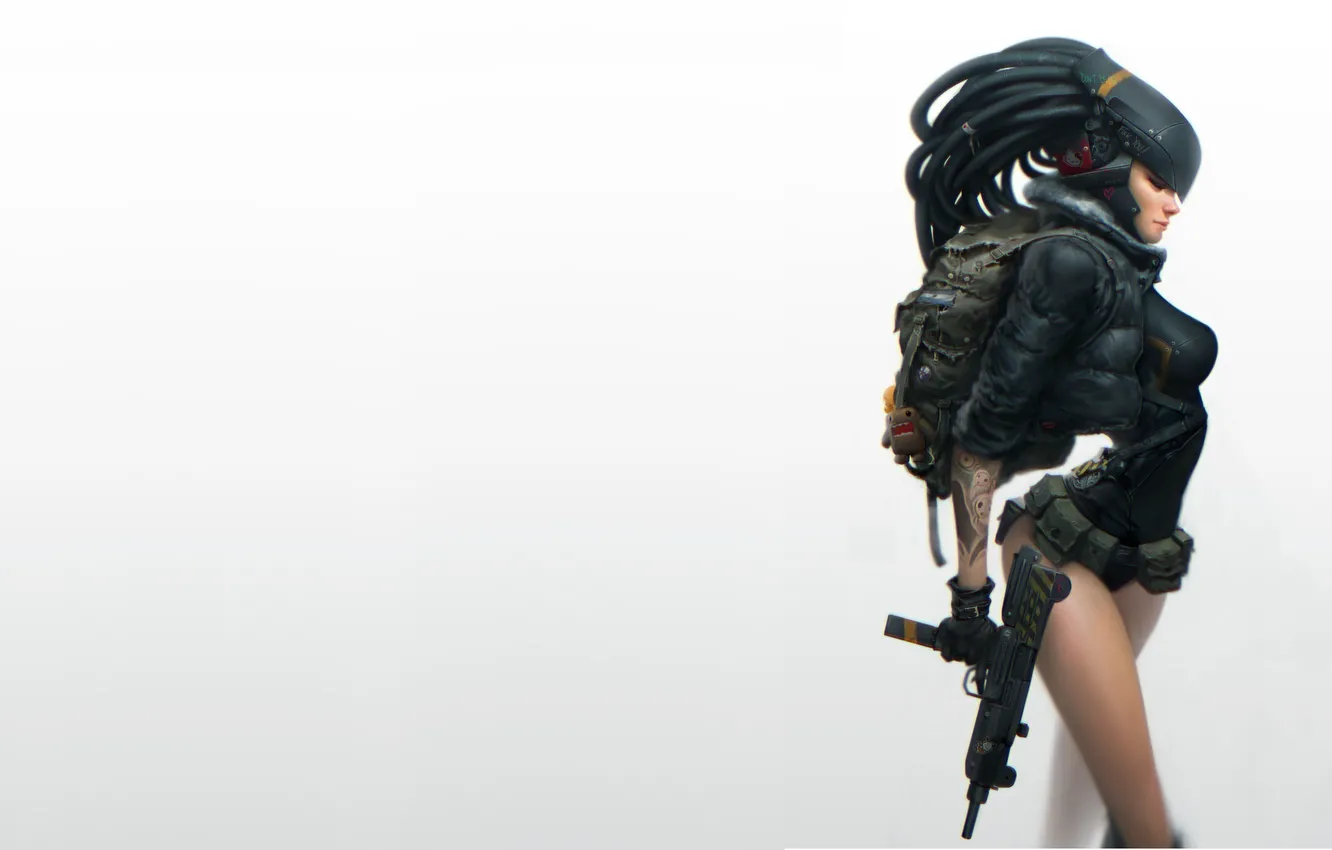 Фото обои девушка, оружие, фон, фантастика, арт, профиль, sci-fi