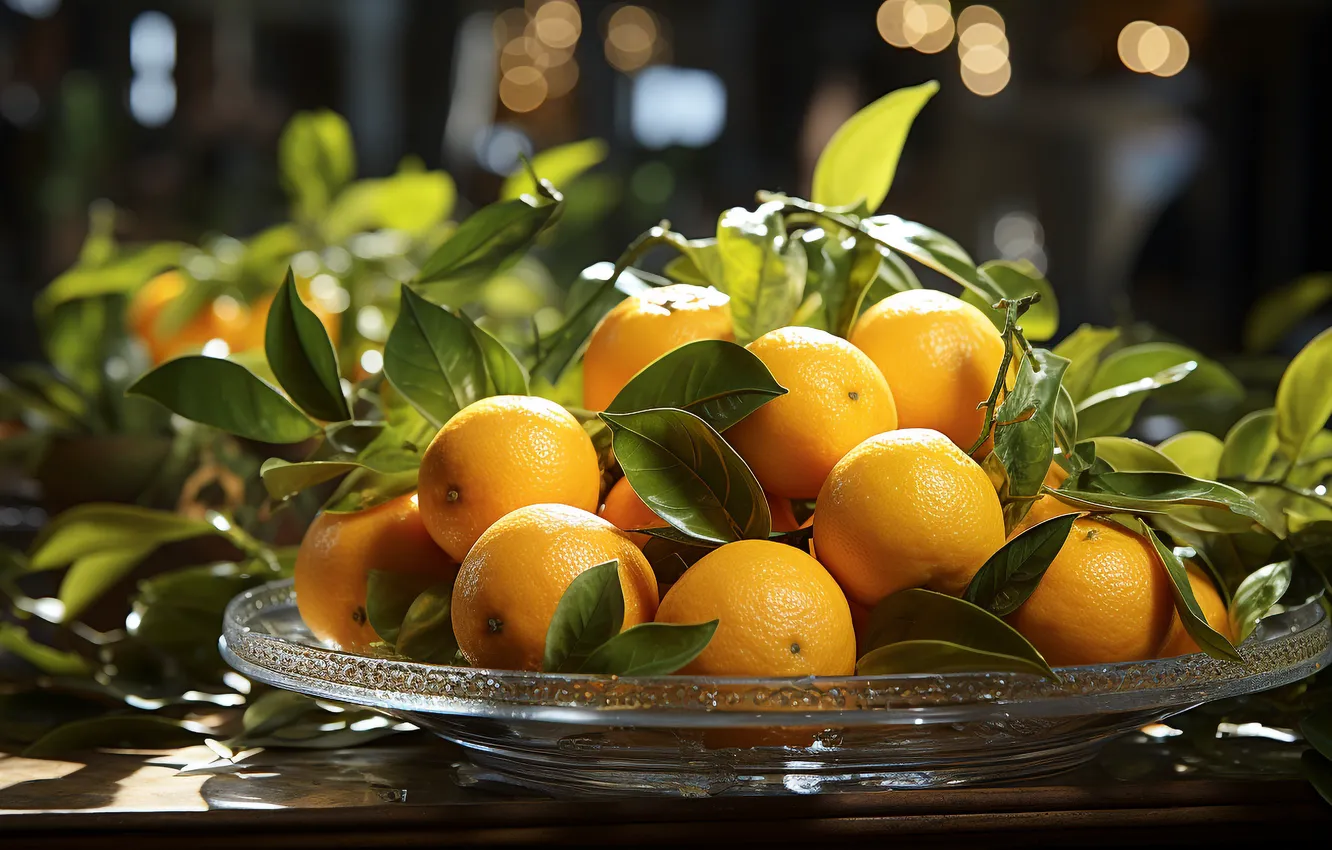 Фото обои стекло, листья, свет, блики, стол, апельсины, фрукты, цитрусы