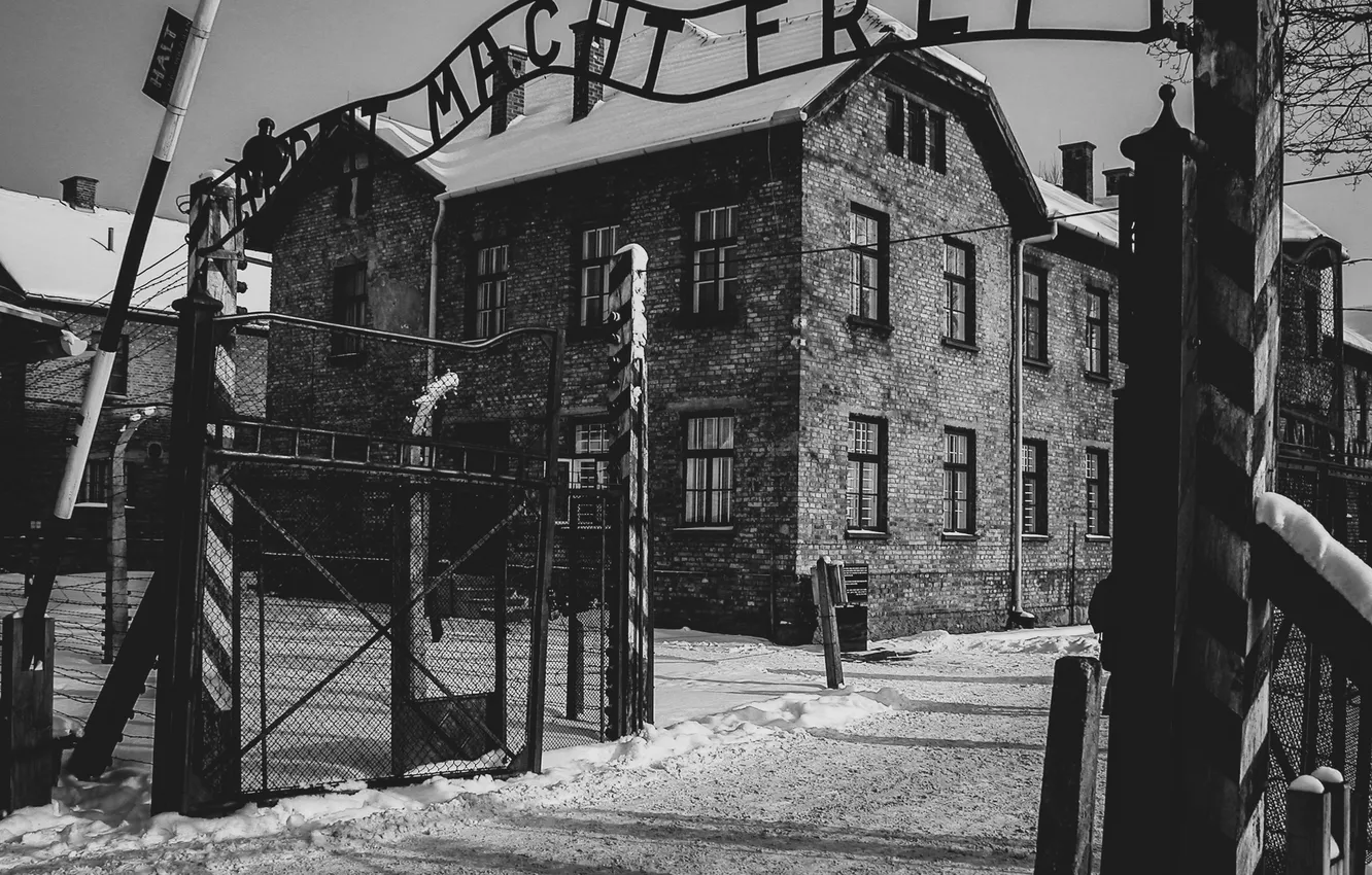 Фото обои зима, снег, black & white, здание, Польша, черно-белое, архитектура, Освенцим