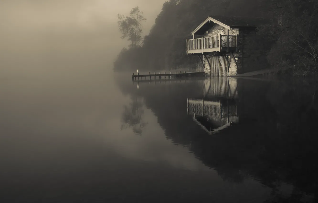 Фото обои природа, туман, отражение, река, мрак, лодочная