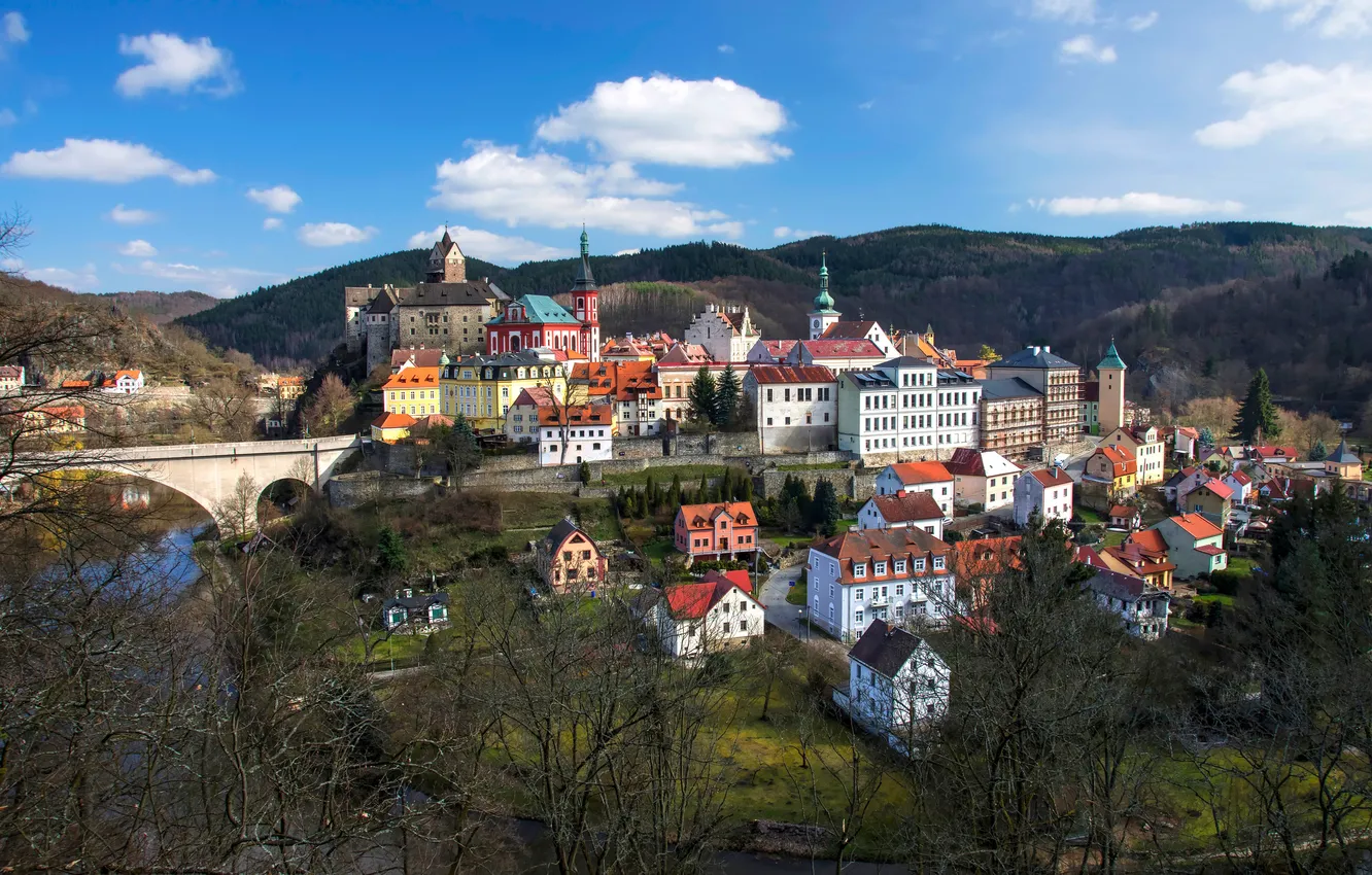 Фото обои деревья, мост, река, здания, дома, Чехия, панорама, Карловы Вары