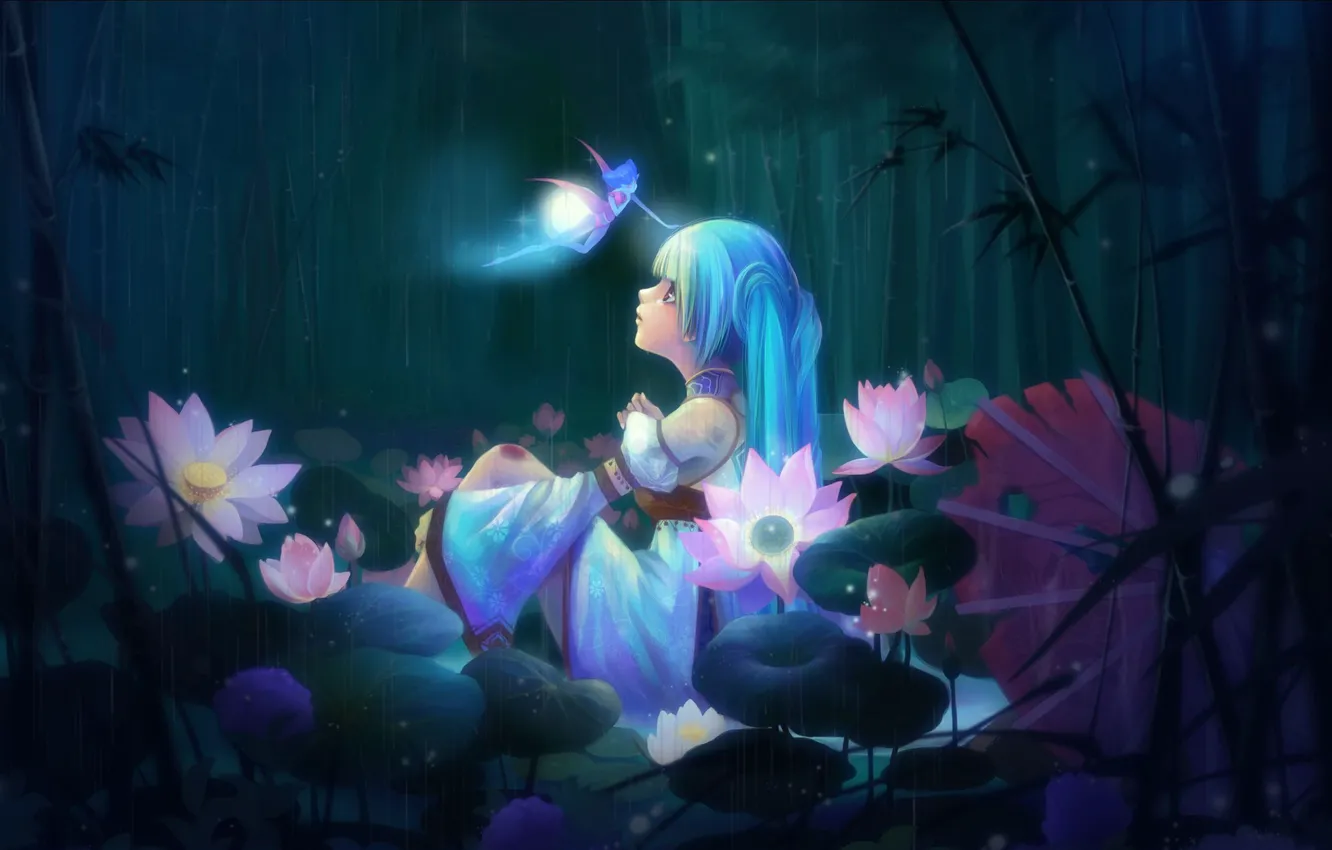 Фото обои девушка, цветы, дождь, крылья, аниме, фея, арт, sunmomo