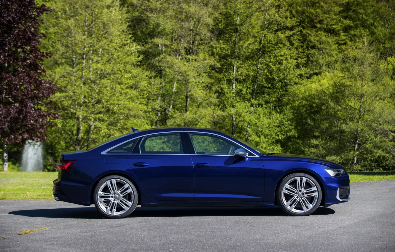 Фото обои Audi, профиль, седан, вид сбоку, тёмно-синий, Audi A6, 2019, Audi S6