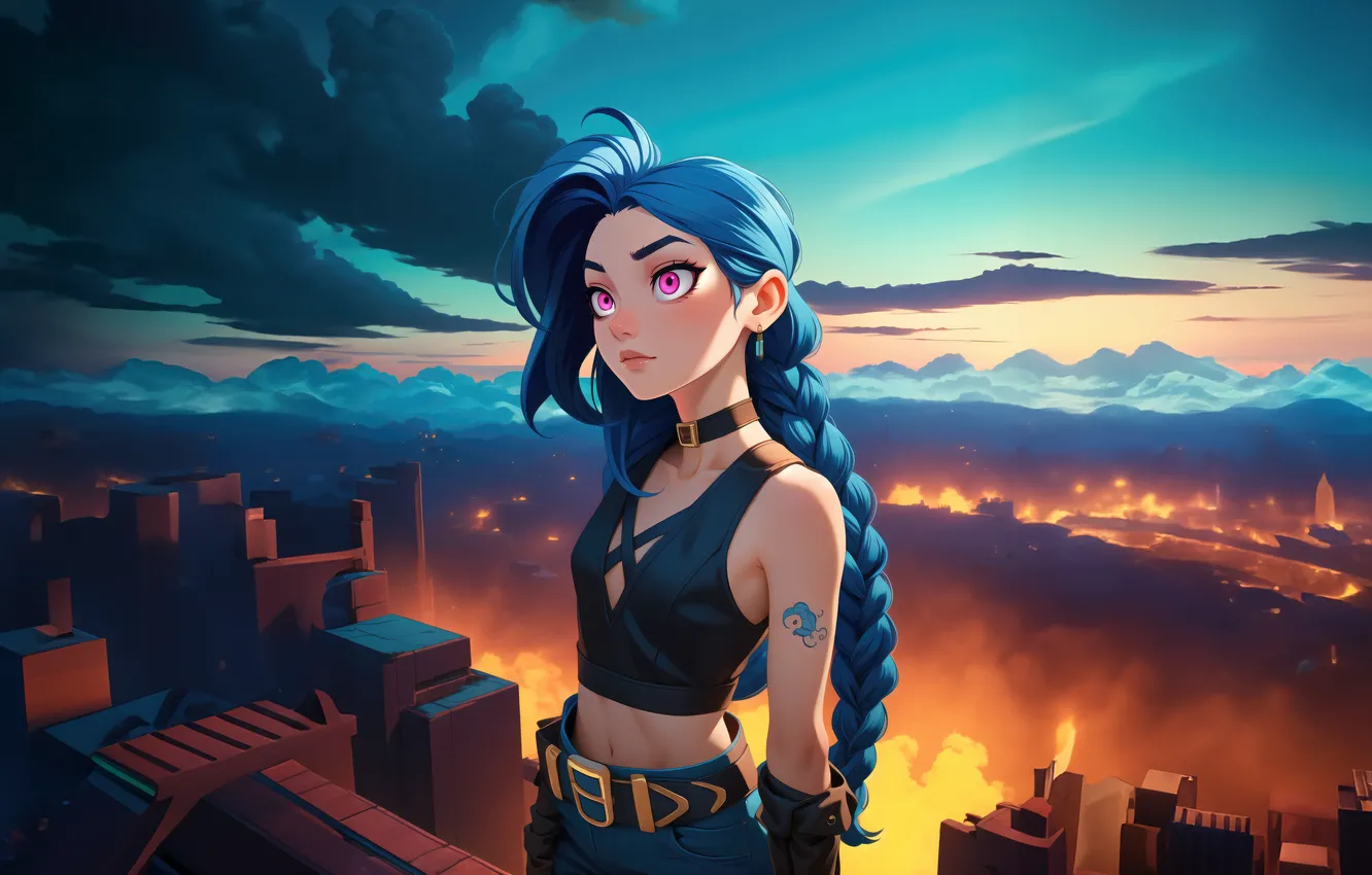 Фото обои здания, вечер, тату, голубые волосы, красивая девушка, League of Legends, LOL, Лига Легенд