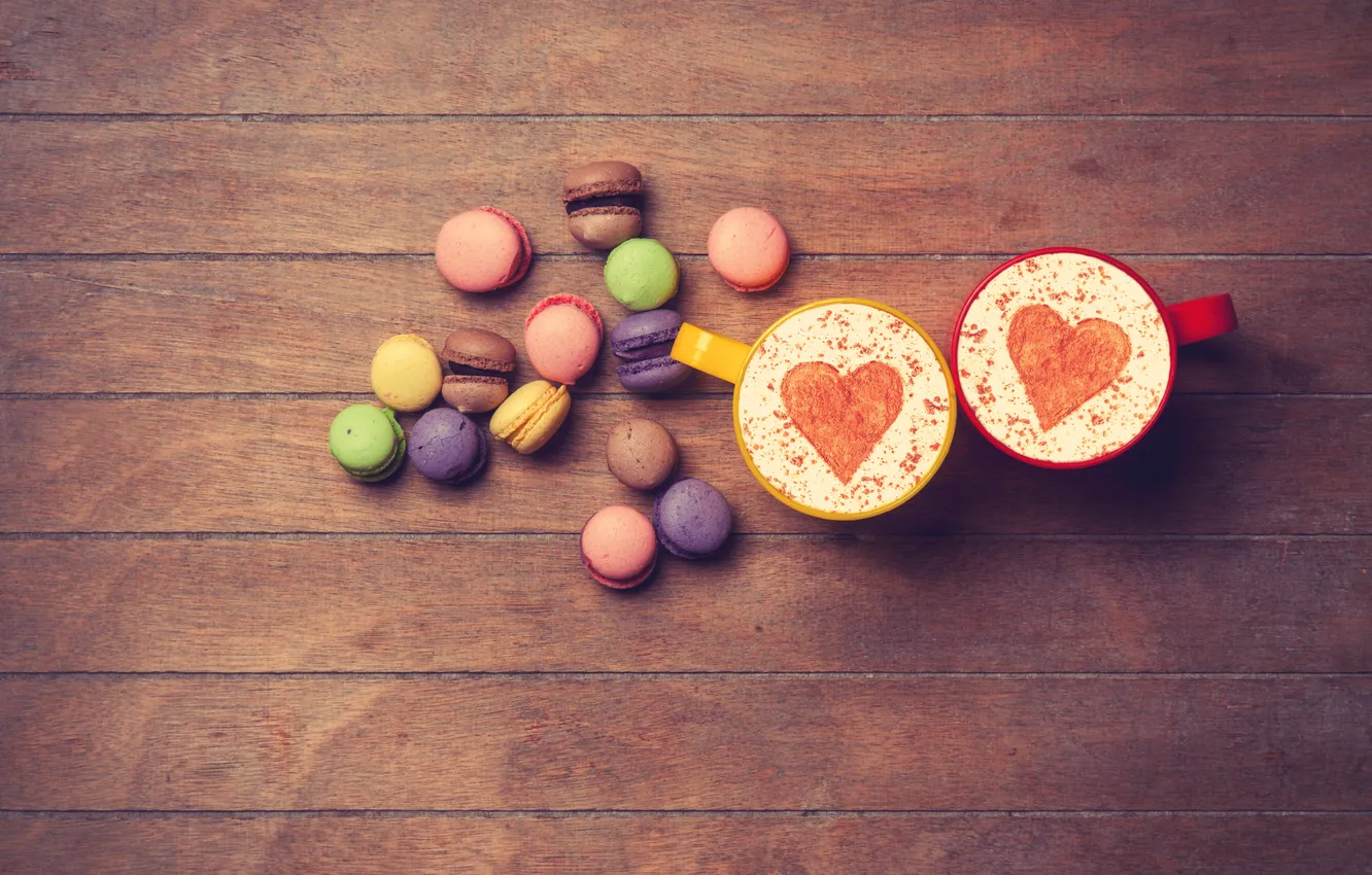 Фото обои сердце, colorful, love, heart, wood, romantic, coffee cup, macaroons