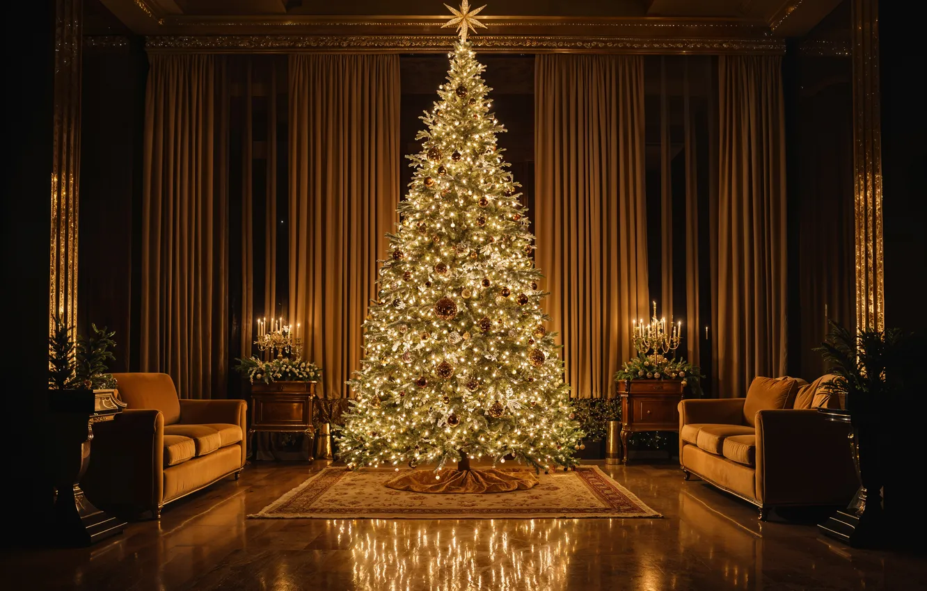 Фото обои украшения, комната, елка, интерьер, Рождество, подарки, Новый год, Christmas
