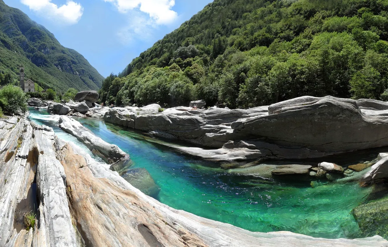 Фото обои лес, горы, скалы, Швейцария, Switzerland, Locarno, река Верзаска, Локарно