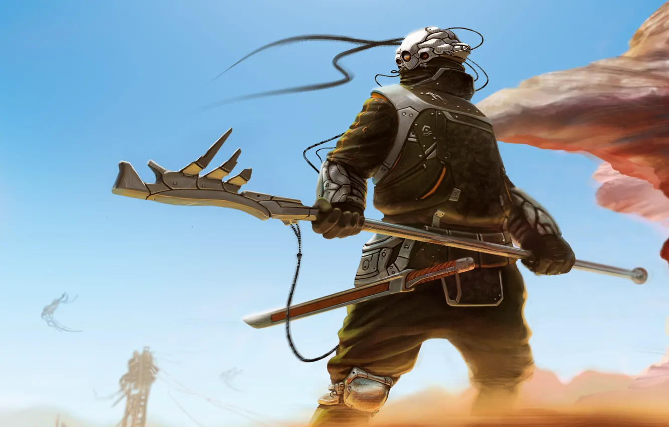 Фото обои песок, оружие, ветер, провода, меч, воин, арт, шлем
