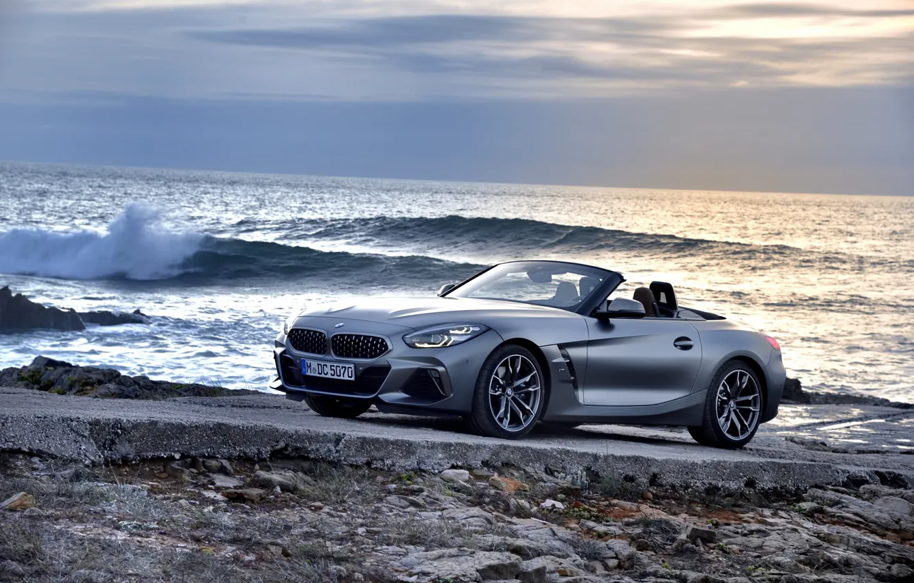 Фото обои волны, серый, берег, BMW, родстер, BMW Z4, M40i, Z4