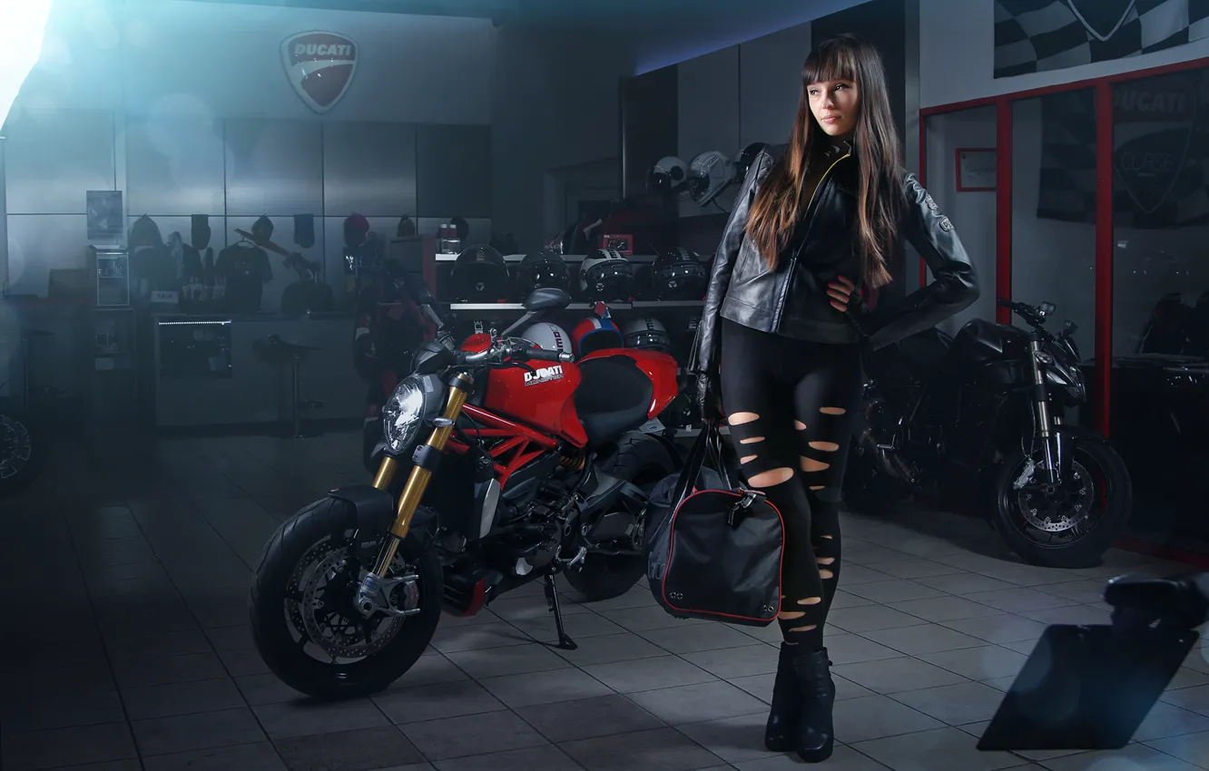 Фото обои Girl, Light, Ducati, Monster, Studio, Motorcycle, Bags, 1200s