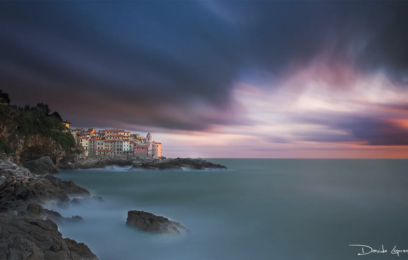 Фото обои море, небо, пейзаж, закат, берег, Италия