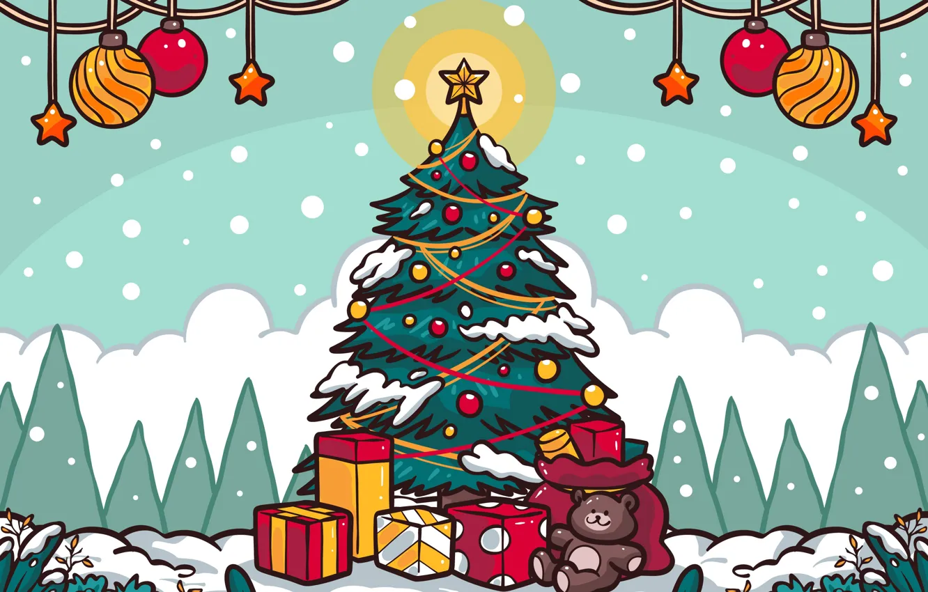 Фото обои шарики, шары, вектор, Рождество, подарки, Новый год, медвежонок, ёлка