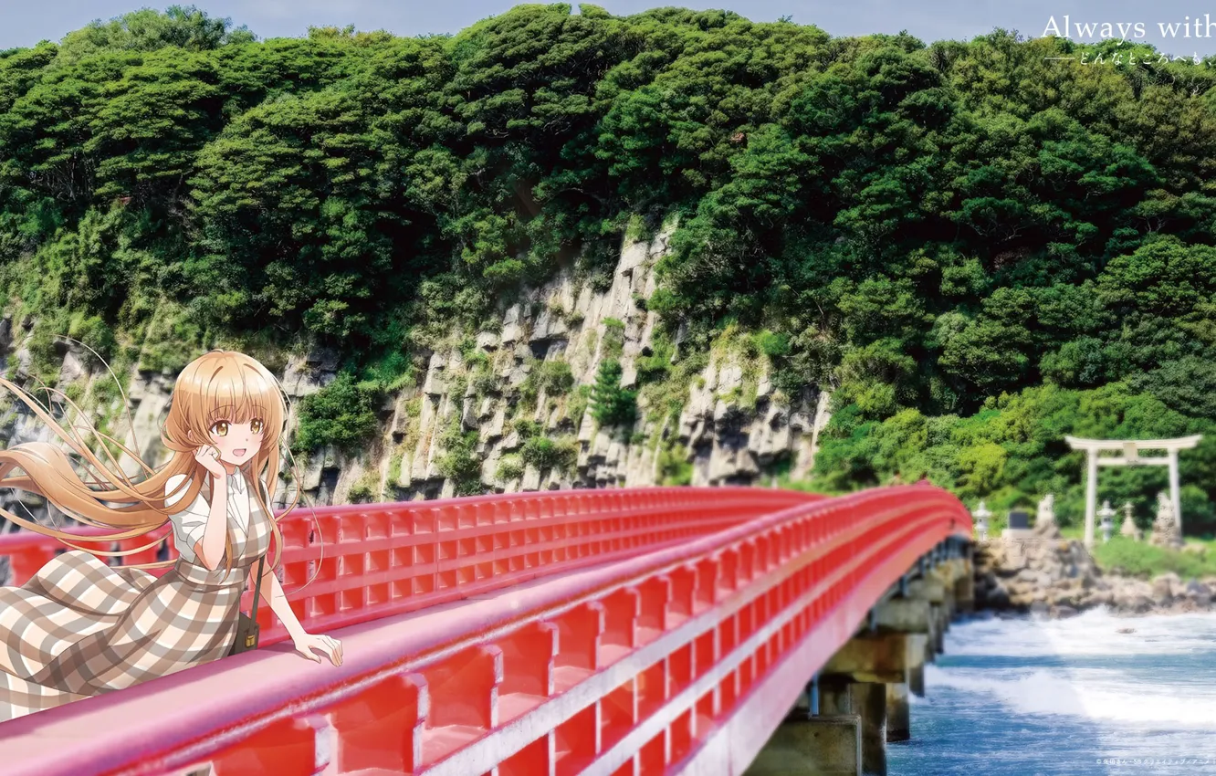 Фото обои вода, девушка, горы, мост, природа, тории, Otonari no Tenshi-sama ni Itsunomanika Dame Ningen, Mahiru Shiina