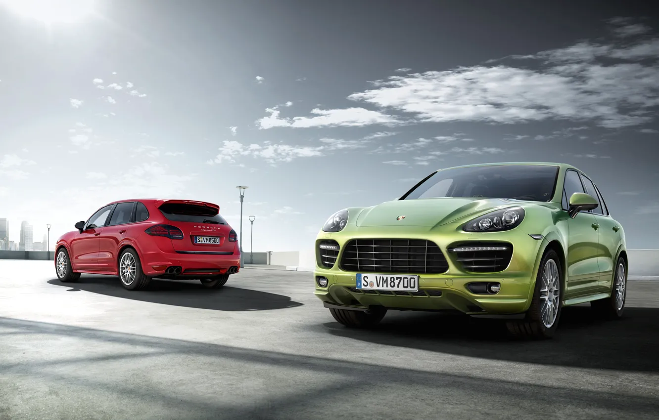 Фото обои солнце, красный, джип, зелёный, Porsche Cayenne