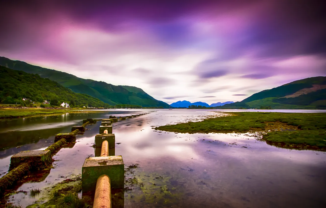 Фото обои небо, река, холмы, долина, Шотландия, Великобритания, леса, фиолетовое