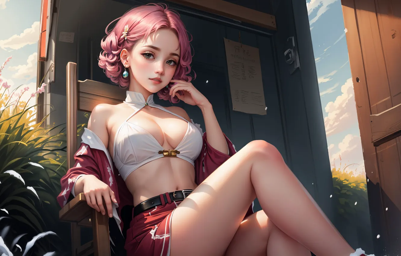 Фото обои Asian, pink hair, legs, short hair, women, big boobs, belly, sitting