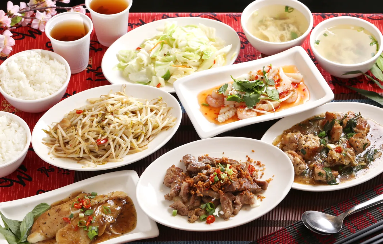 Фото обои рыба, суп, рис, салат, морепродукты, японская кухня, блюда, ассорти