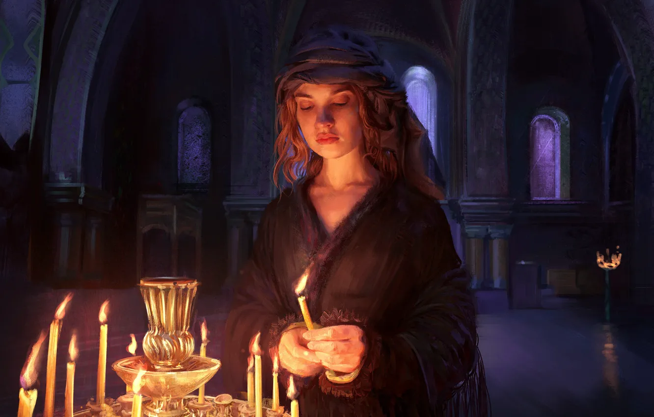 Фото обои Девушка, Рисунок, Огонь, Церковь, Girl, Волосы, Молитва, Candle