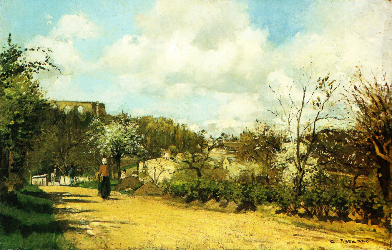 Фото обои дорога, пейзаж, картина, Camille Pissarro, Камиль Писсарро, Вид Лувесьена