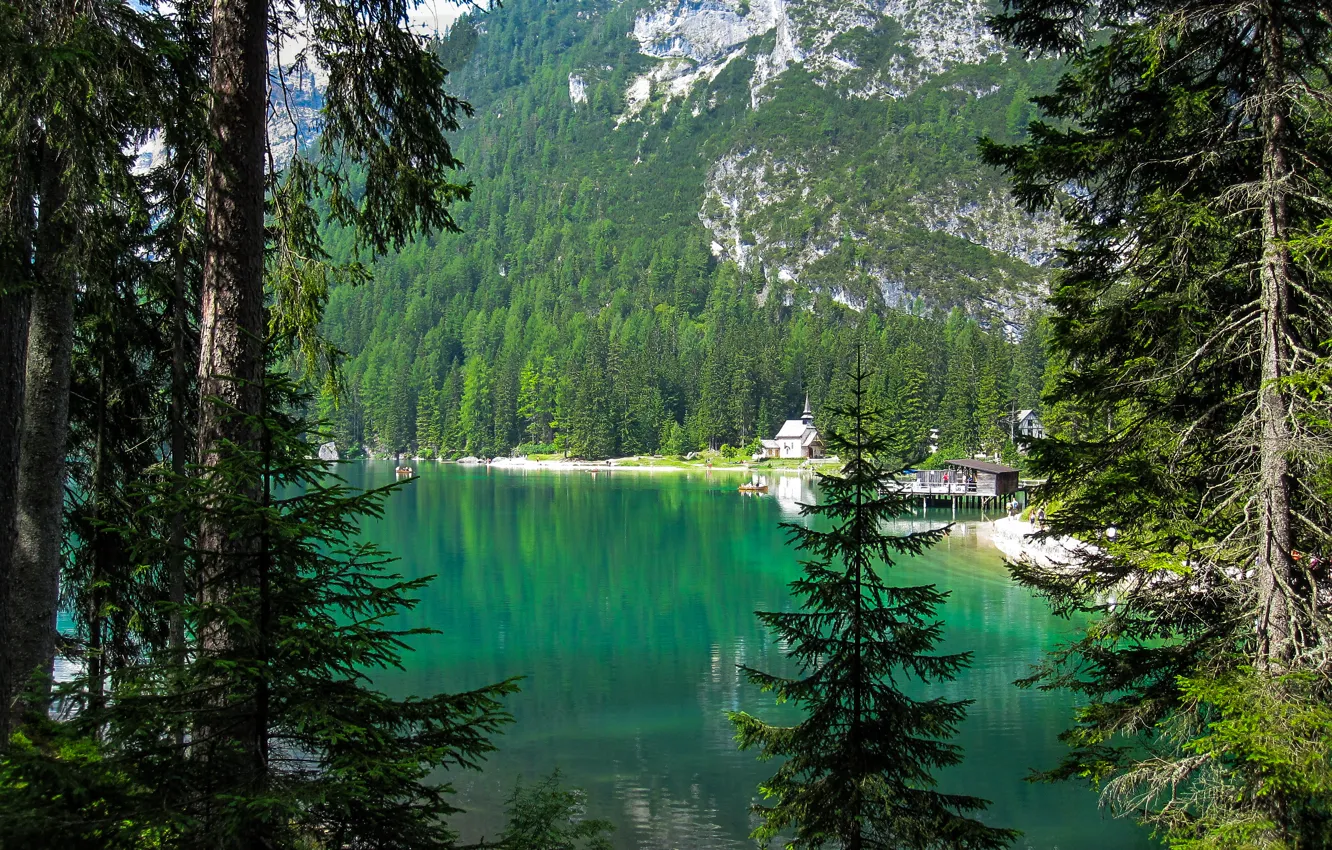 Фото обои лес, горы, озеро, Италия, lago di braies