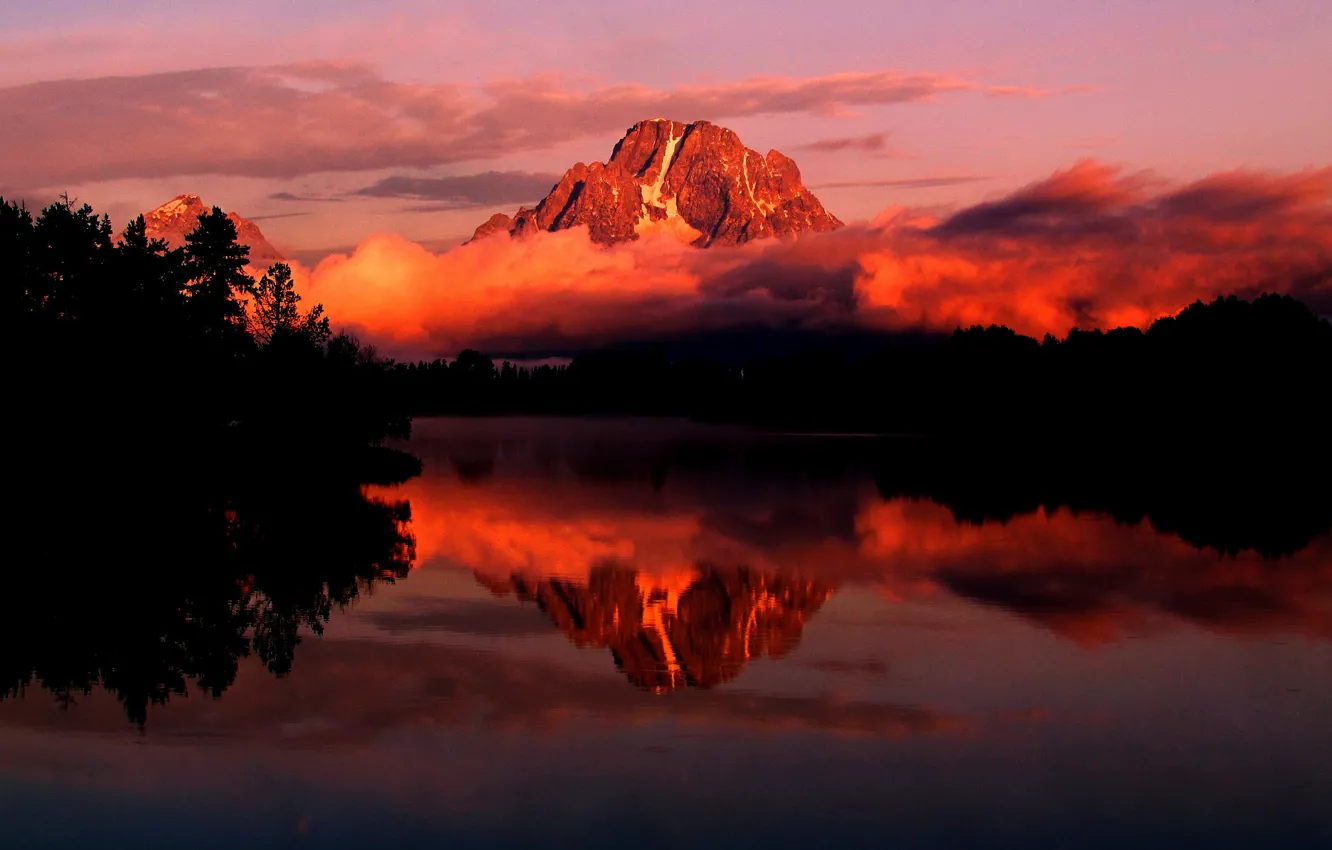 Фото обои осень, небо, деревья, закат, горы, озеро, Вайоминг, США