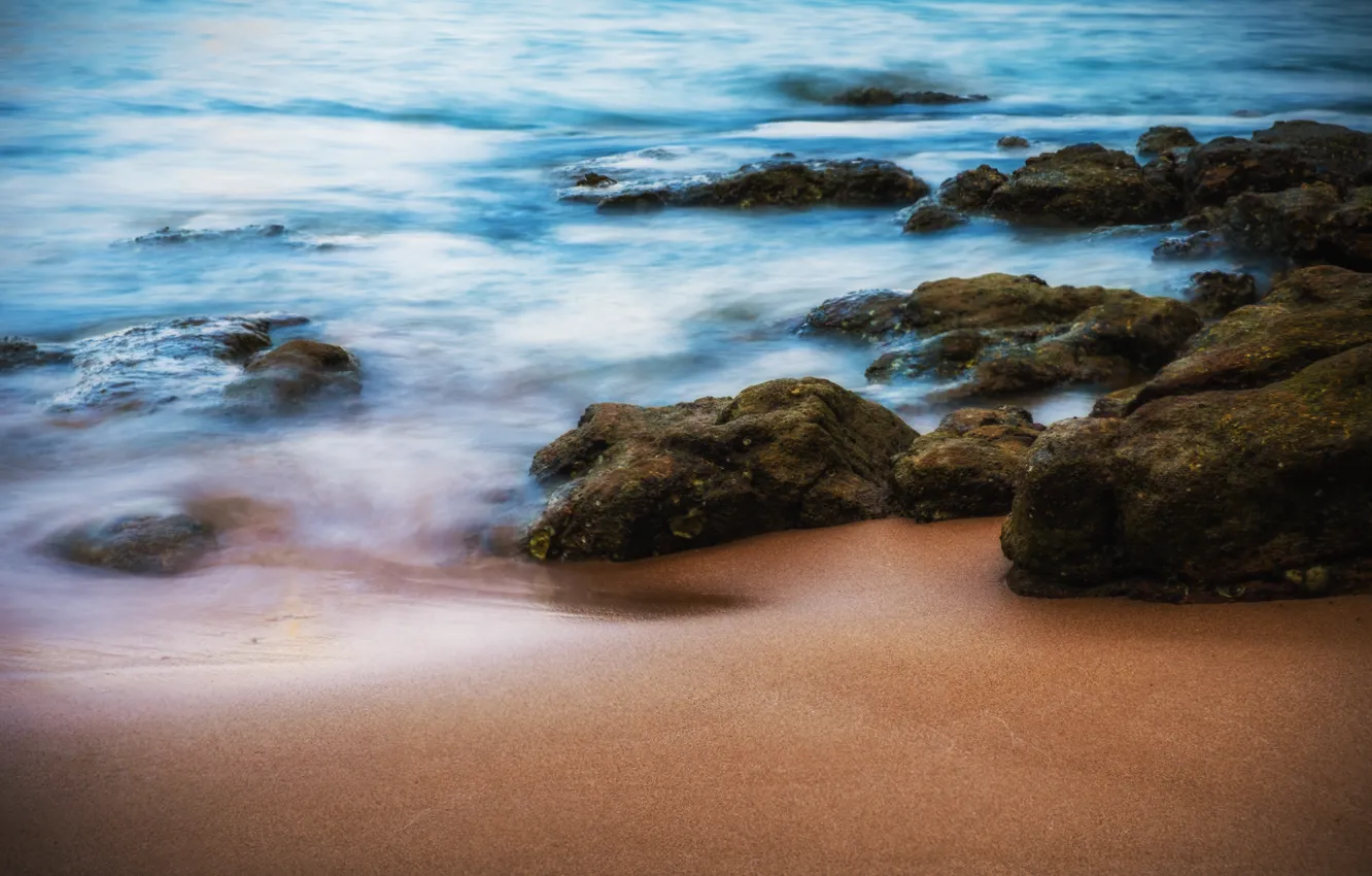 Фото обои песок, море, волны, пляж, лето, камни, summer, beach