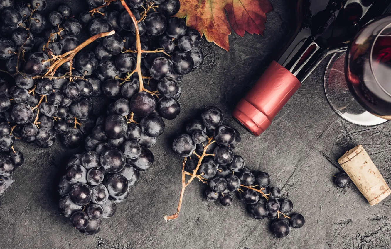 Фото обои бокал, бутылка, урожай, виноград, Вино, пробка