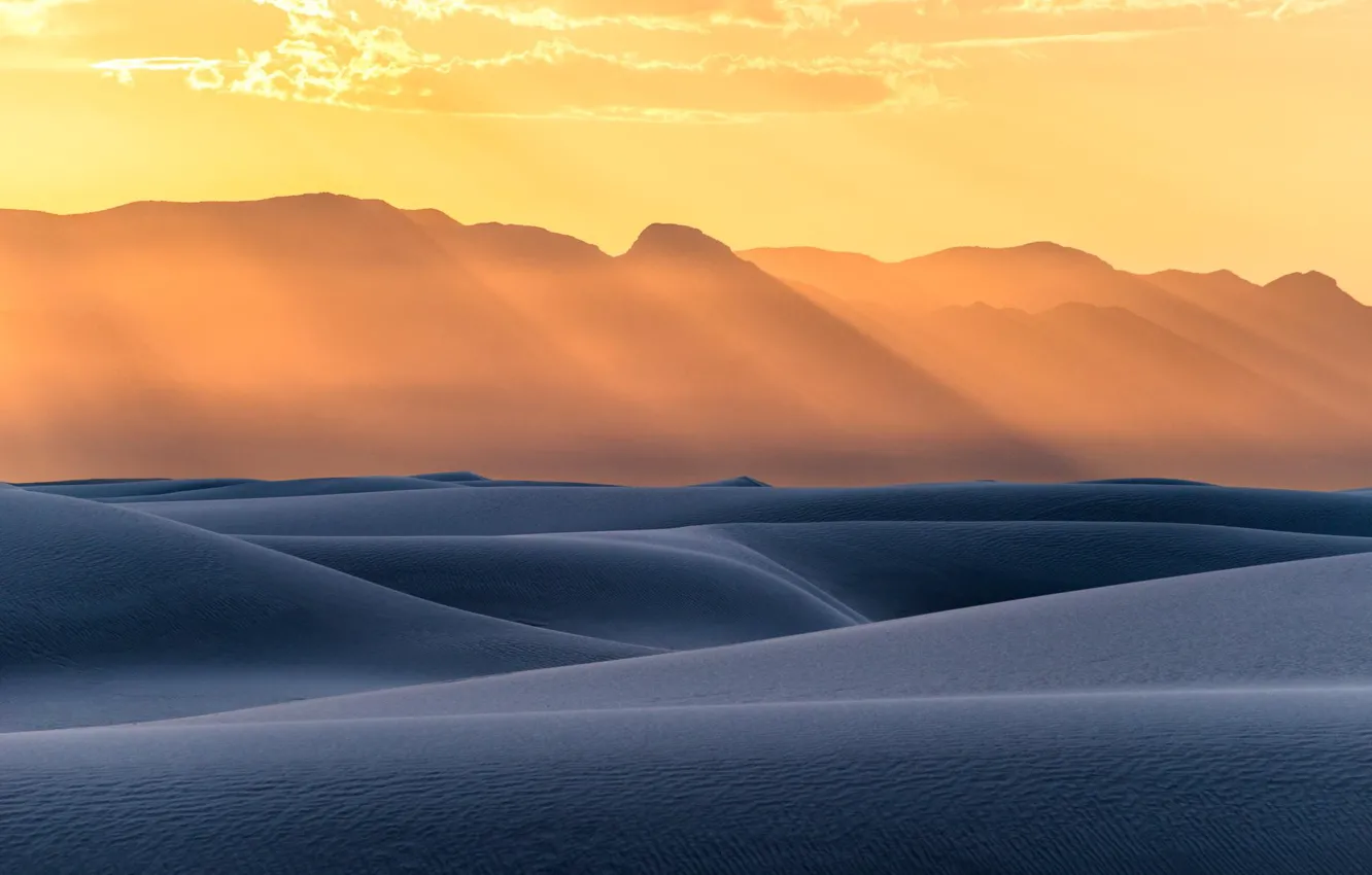 Фото обои USA, desert, landscape, nature, sunset, sand, New Mexico, sun rays