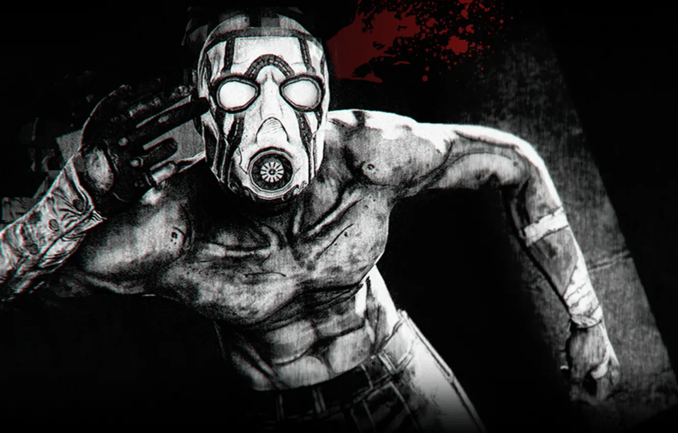 Фото обои Кровь, Маска, Borderlands, Black and White, Psycho, Псих