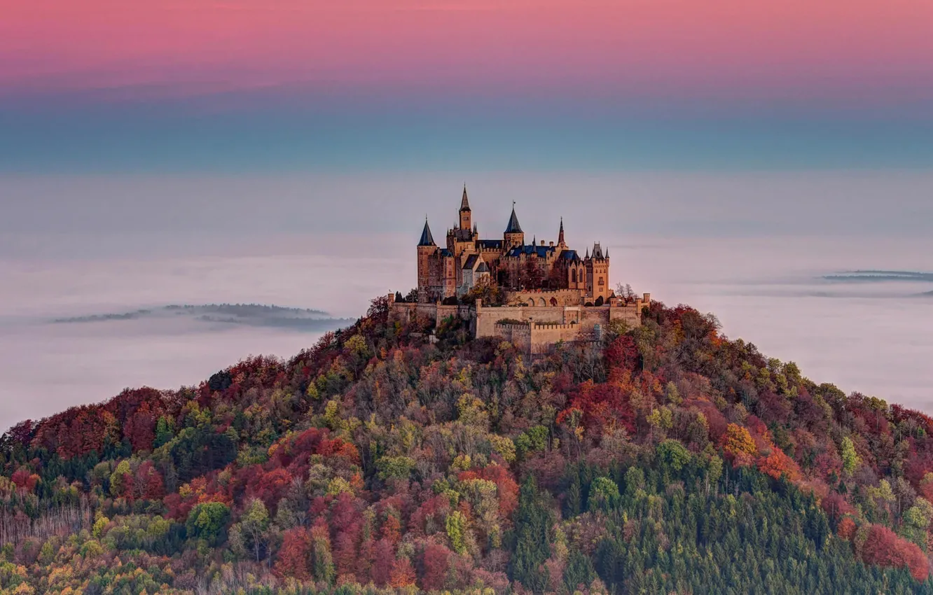 Фото обои осень, Германия, Баден-Вюртемберг, замок Гогенцоллерн, вид с горы Целлер Хорн