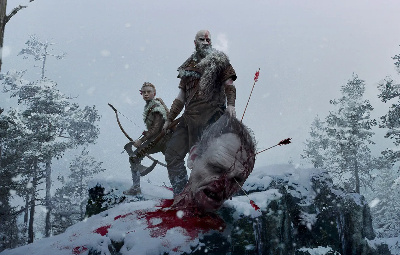 Фото обои снег, деревья, оружие, axe, кровь, голова, лук, великан