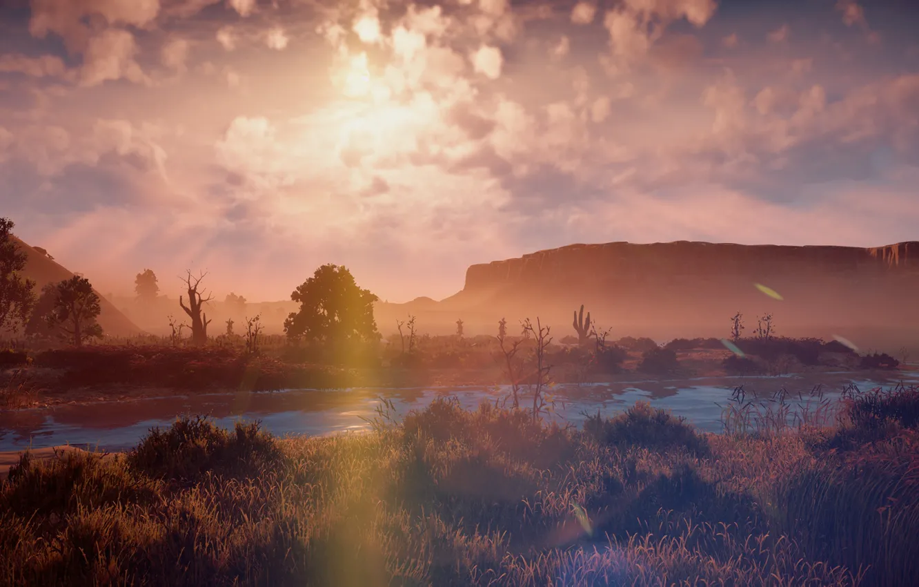 Фото обои пейзаж, закат, река, скалы, пустыня, эксклюзив, Playstation 4, Guerrilla Games
