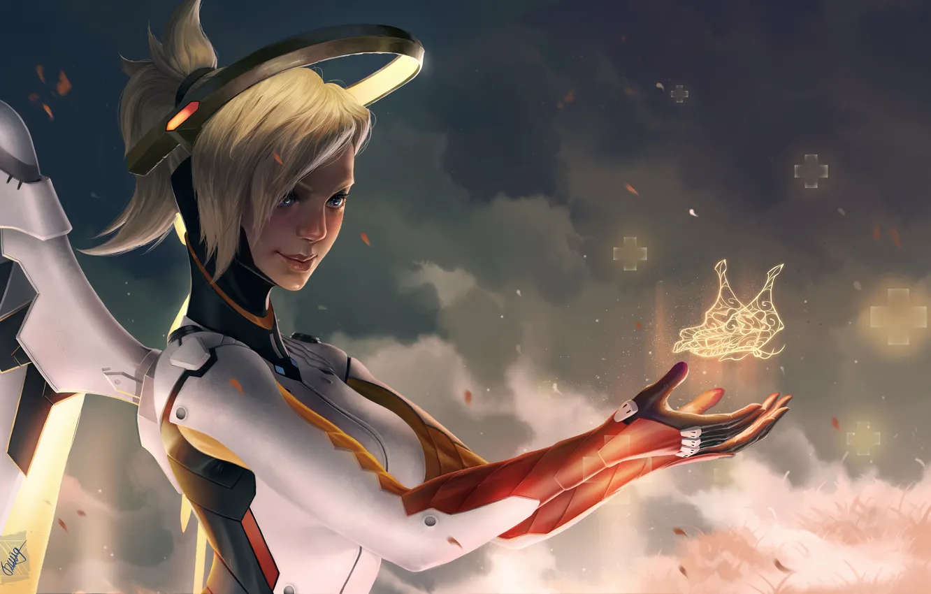 Фото обои девушка, Blizzard, art, Overwatch, Mercy, Angela Ziegler