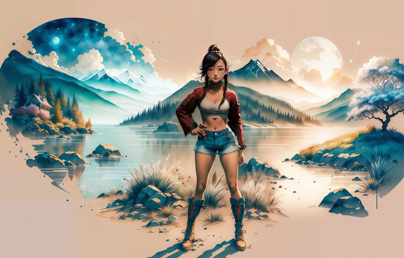 Фото обои girl, art, mountains, asian