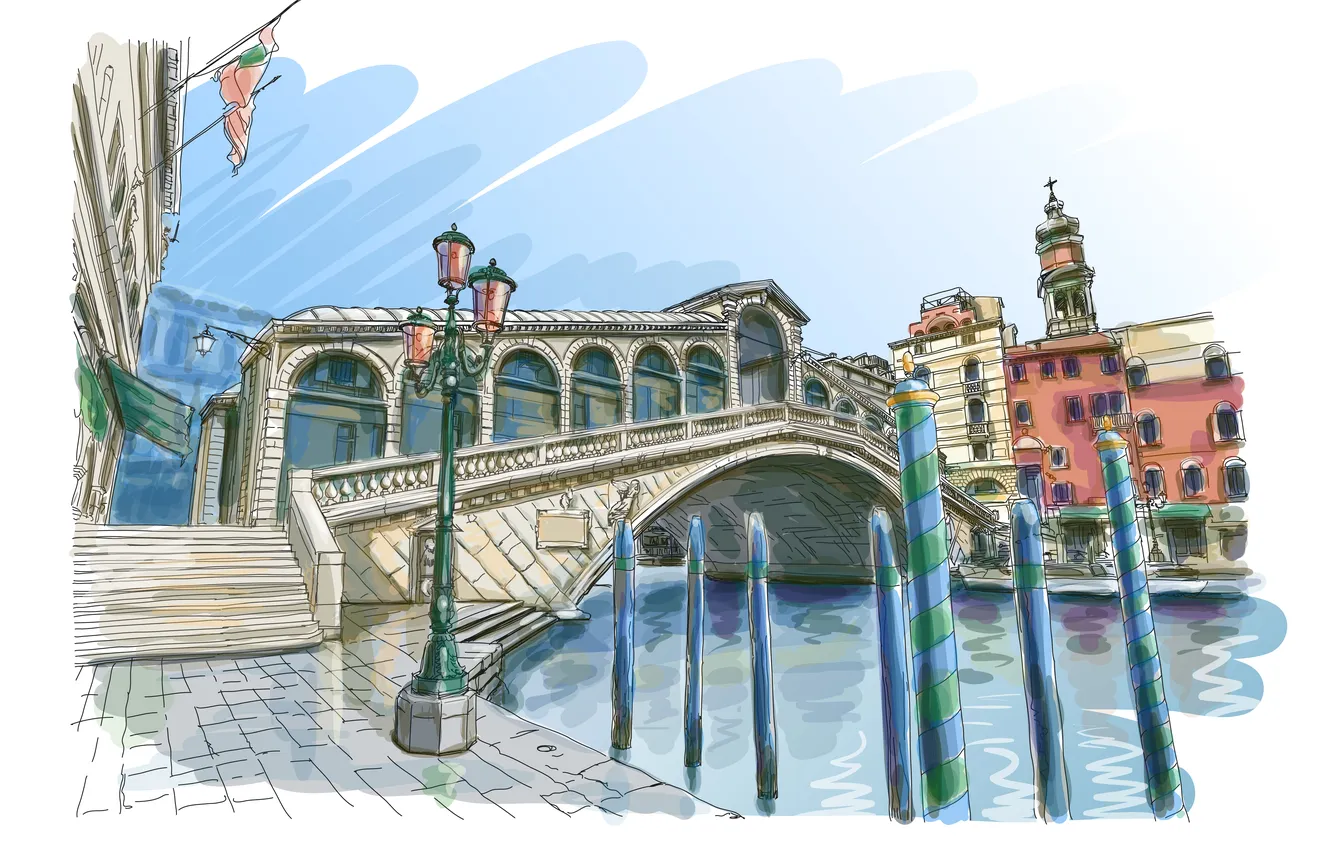Фото обои мост, арт, лестница, фонарь, Венеция, канал