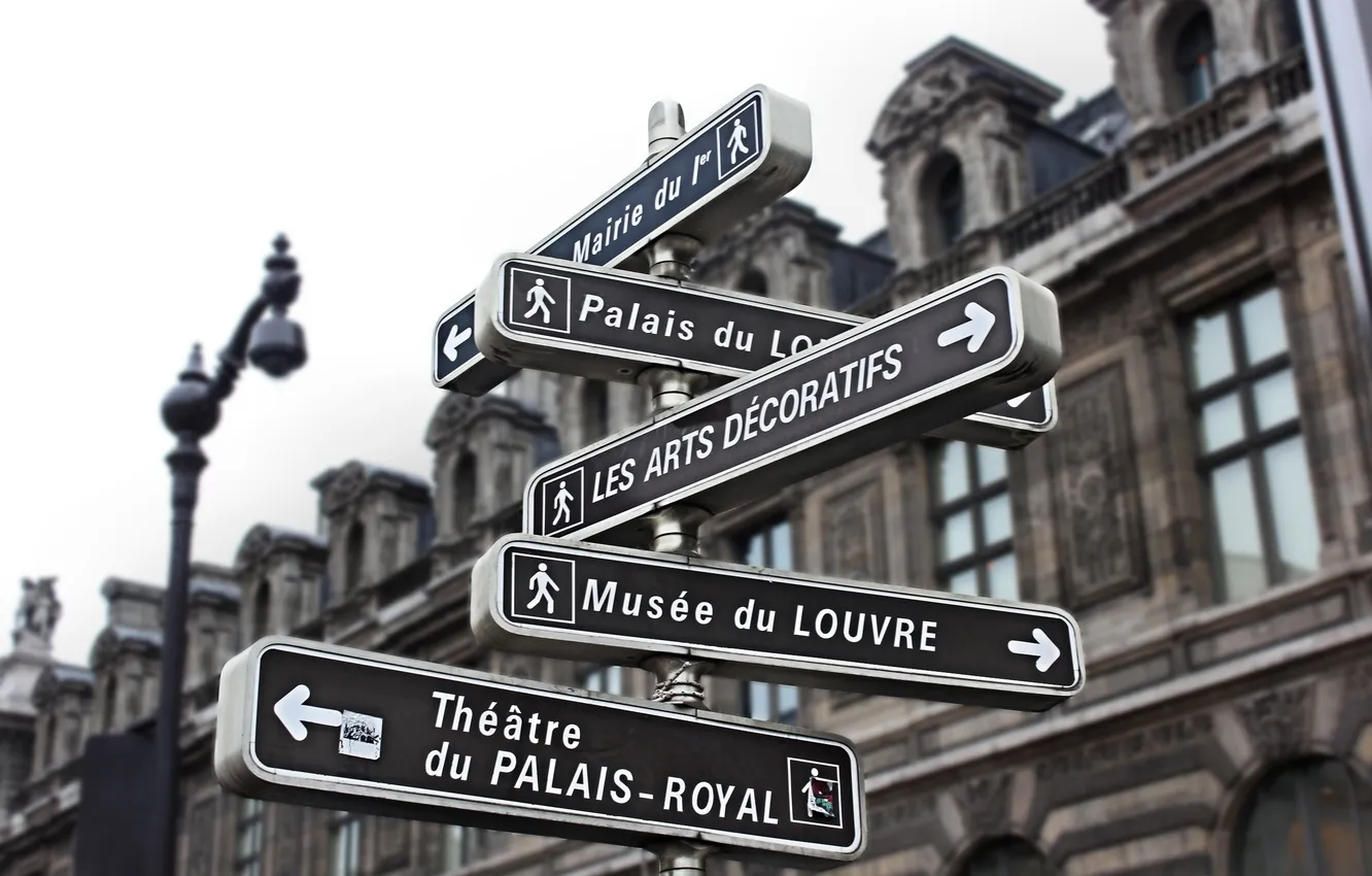 Фото обои город, улица, Франция, Париж, Лувр, указатель, перекресток