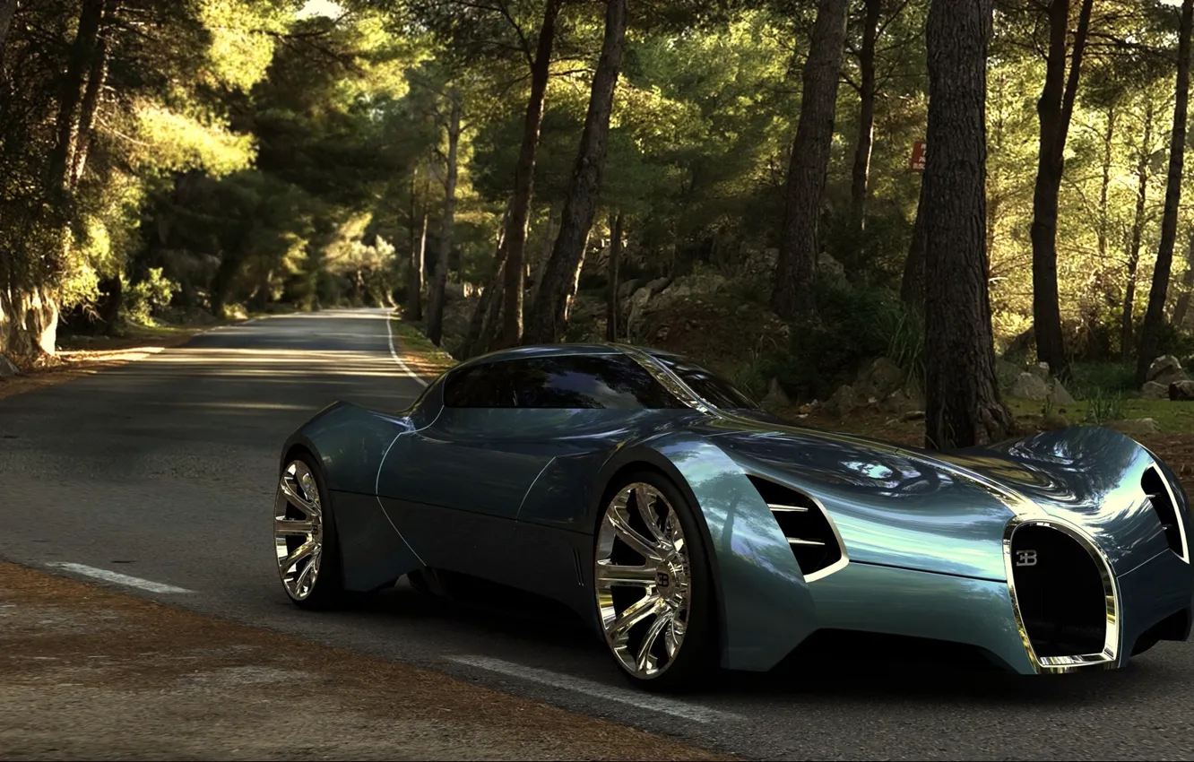 Фото обои дорога, лес, Bugatti, Aerolithe, Concept 2025