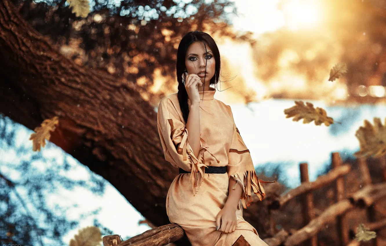 Фото обои осень, взгляд, девушка, листва, Pocahontas, Alessandro Di Cicco