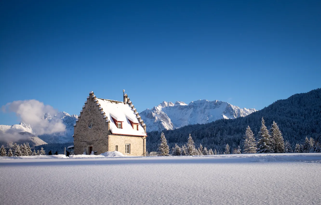 Фото обои зима, лес, снег, горы, дом, Германия, Бавария, Kranzbach